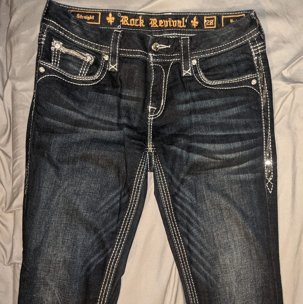 Rock Revival Yui Straight Leg Dark Wash Blue Denim Jeans Sz 28 (measures 30x31) - Picture 3 of 9